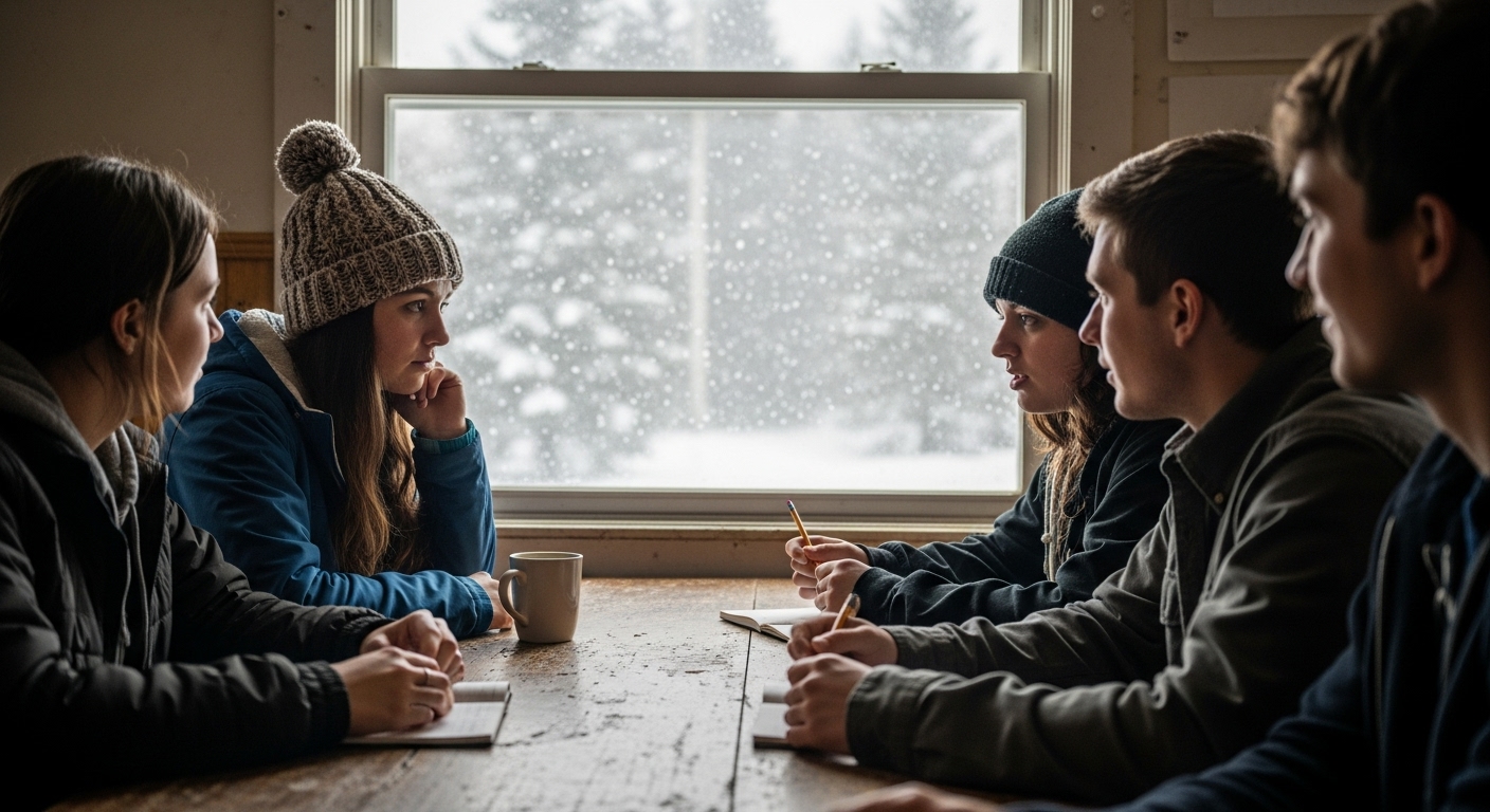 Five young adults at a round table in a community hall during a snowstorm, discussing a project.