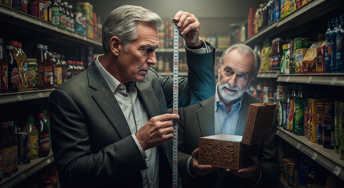 An older man in a suit looks bewildered at a measuring tape in a dusty convenience store, while another older man subtly opens a glowing, carved wooden box behind him.
