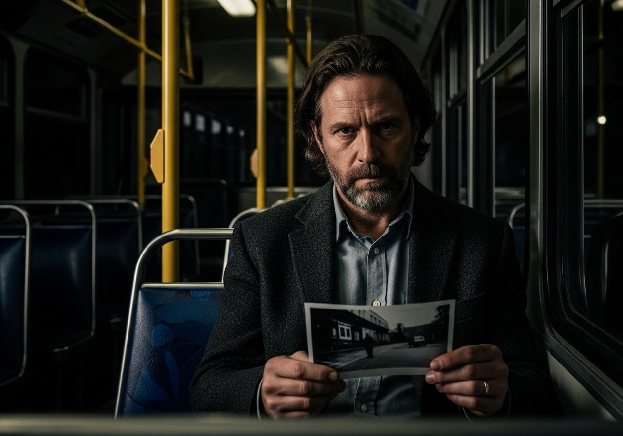 A weary private investigator in a cheap suit examines a grainy photograph on a dimly lit bus at night.