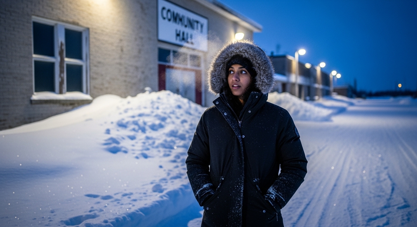 Young woman in a parka standing in deep snow outside a community hall at twilight, breath visible in the cold air.