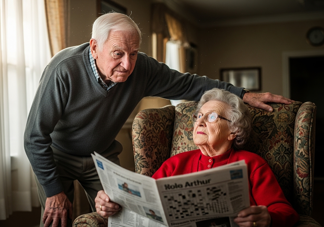 Elderly man stands grumbling over an elderly woman in a floral armchair, who holds a crossword puzzle.