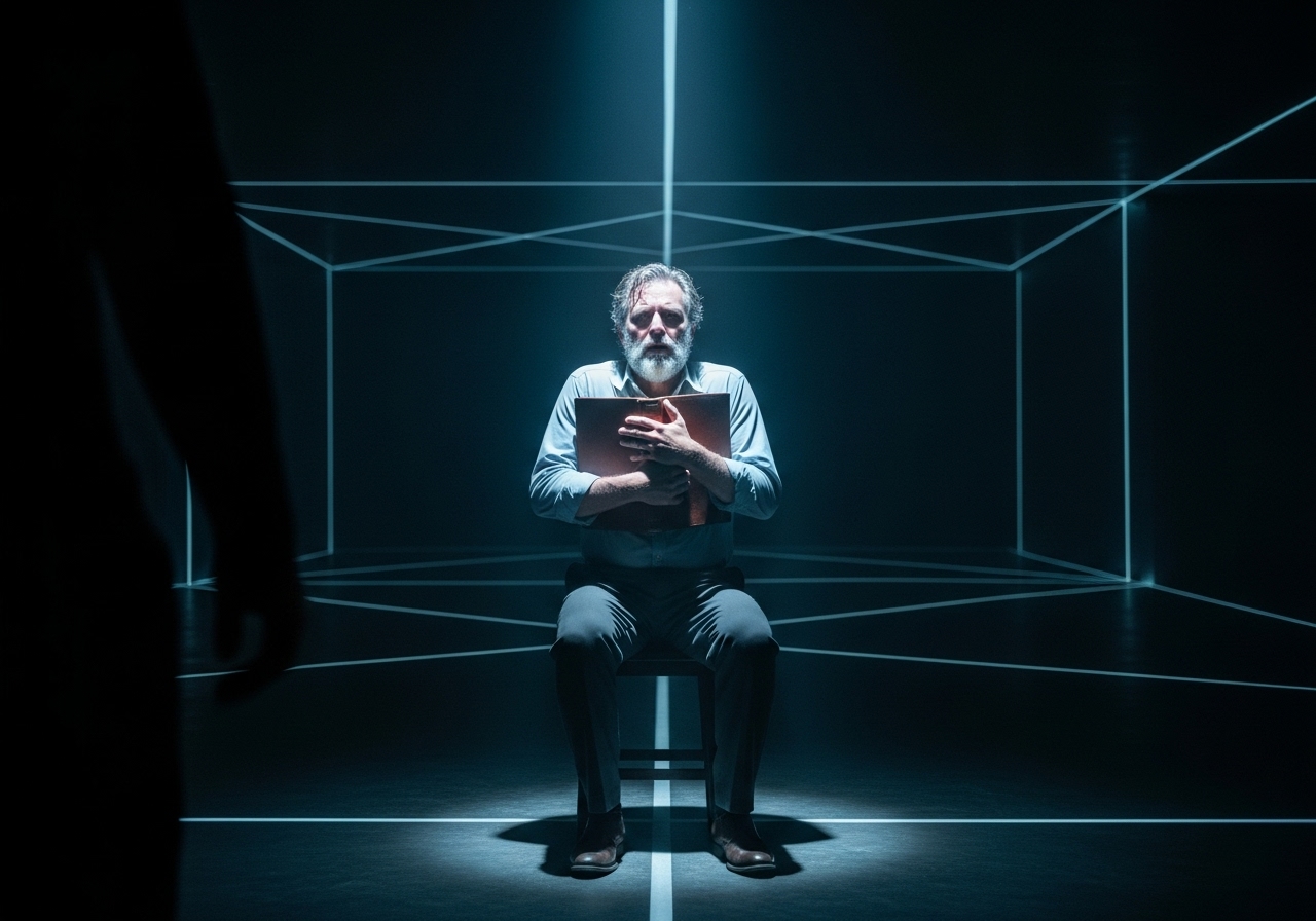A terrified man holding a book, illuminated by a stark, blue light in an impossibly vast, dark room.
