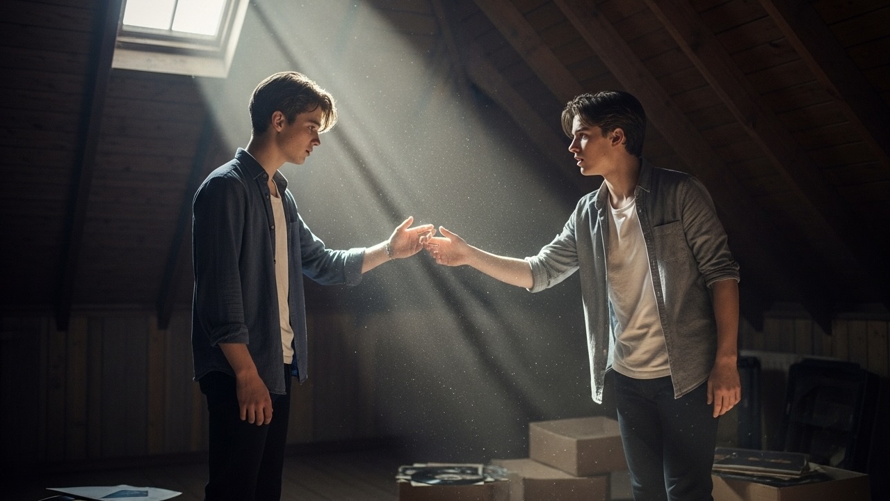 In a sunlit attic, one teenage boy holds his hand out to another, asking him to dance.