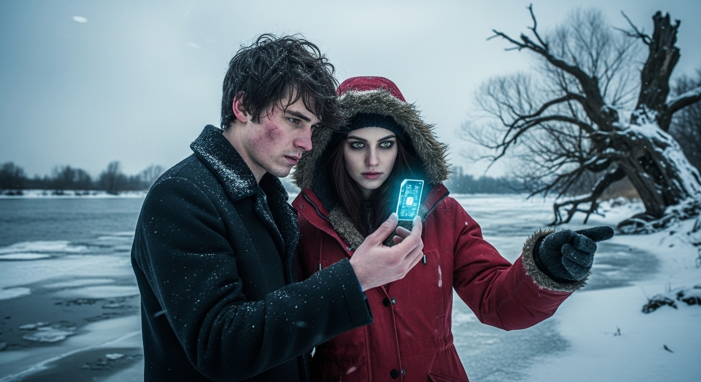 A young man and woman on a frozen riverbank, examining a glowing data-shard amidst a stark winter landscape.