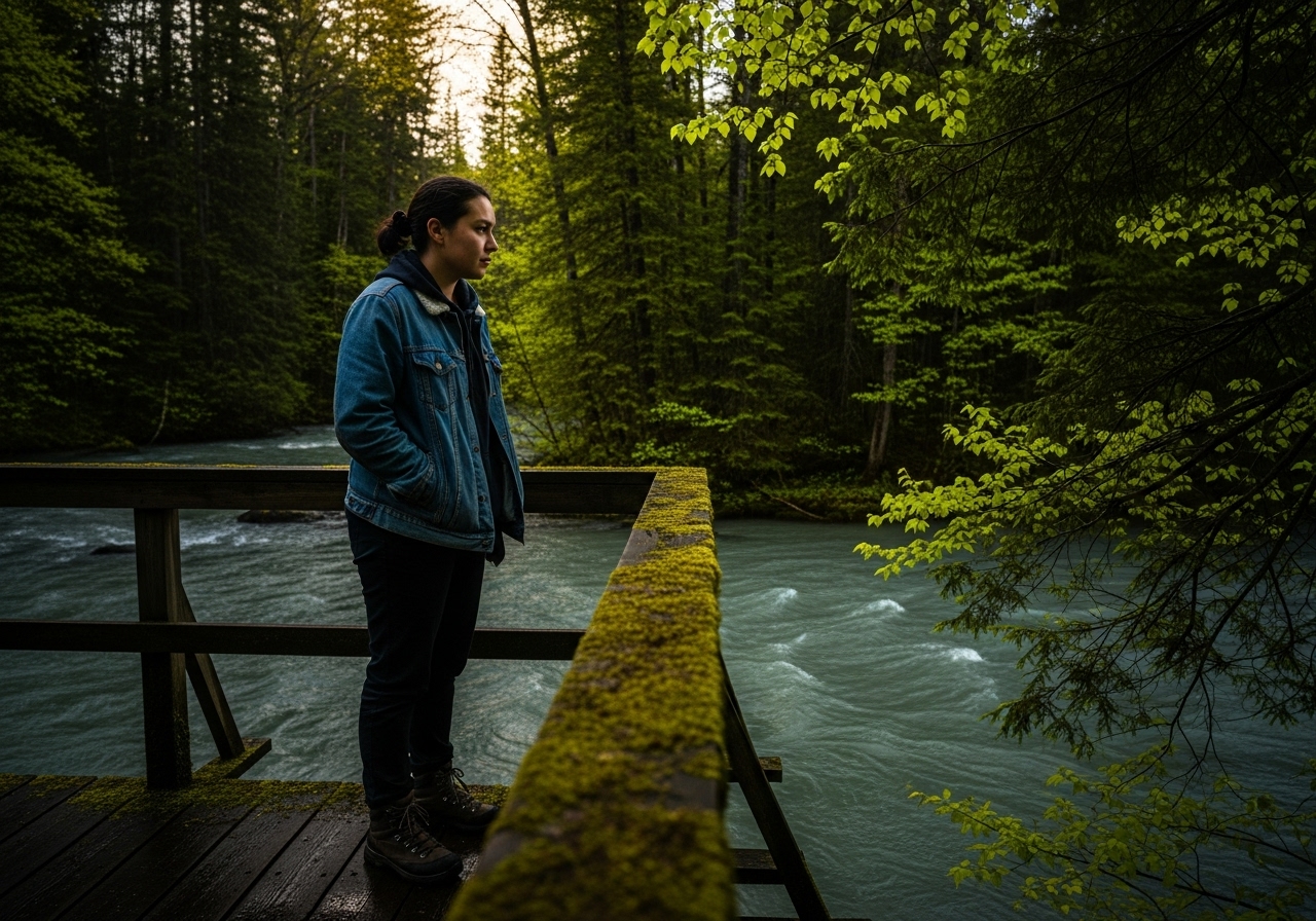 Young adult stands on a mossy bridge, looking into a turbulent, grey-green river surrounded by vibrant, surreal spring foliage.
