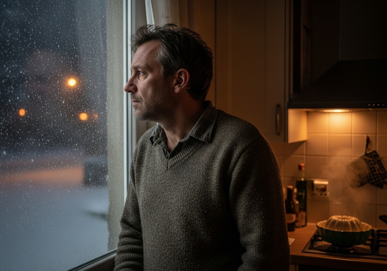 A man gazes out a frosted window at falling snow on Christmas Eve, a steaming pudding visible in the background.