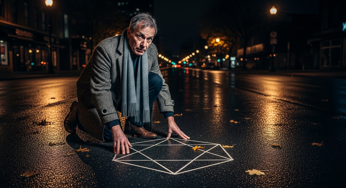 A senior man kneels on a wet autumn street at night, closely examining a strange, geometric star etched into the asphalt.