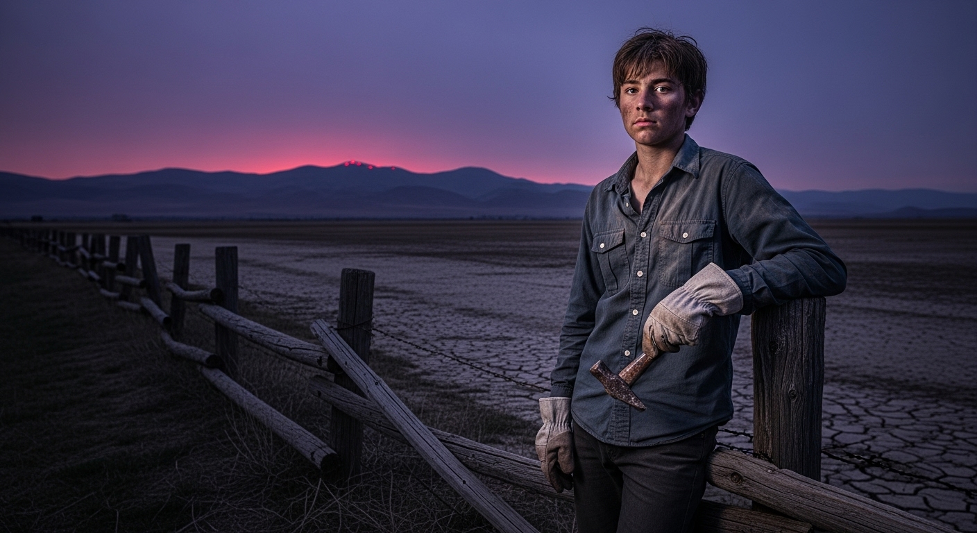 A teenage boy stands by a broken fence, facing a crimson-glowing horizon at dawn.