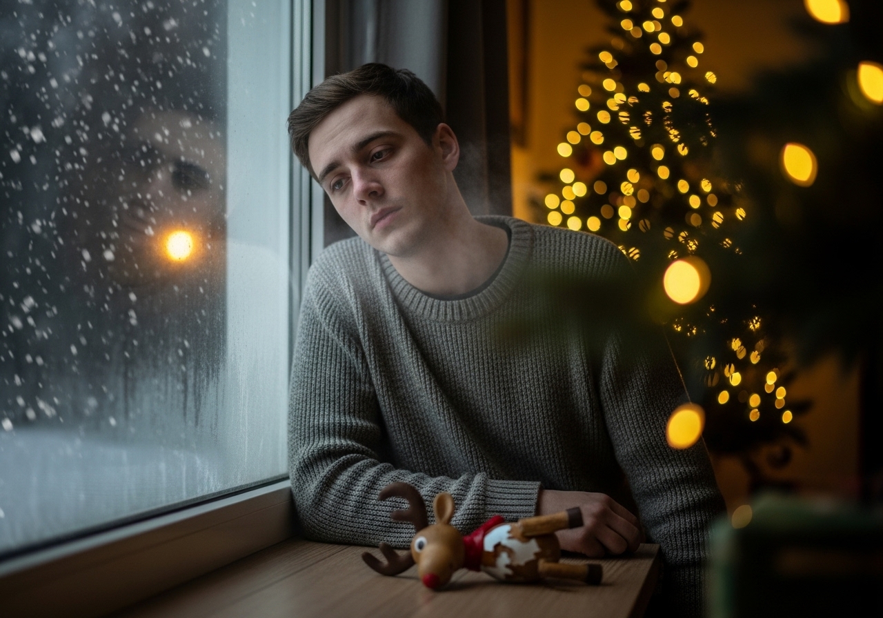 A young man with a tired expression leaning against a snowy window on Christmas Eve, with a broken wooden reindeer toy on the floor.