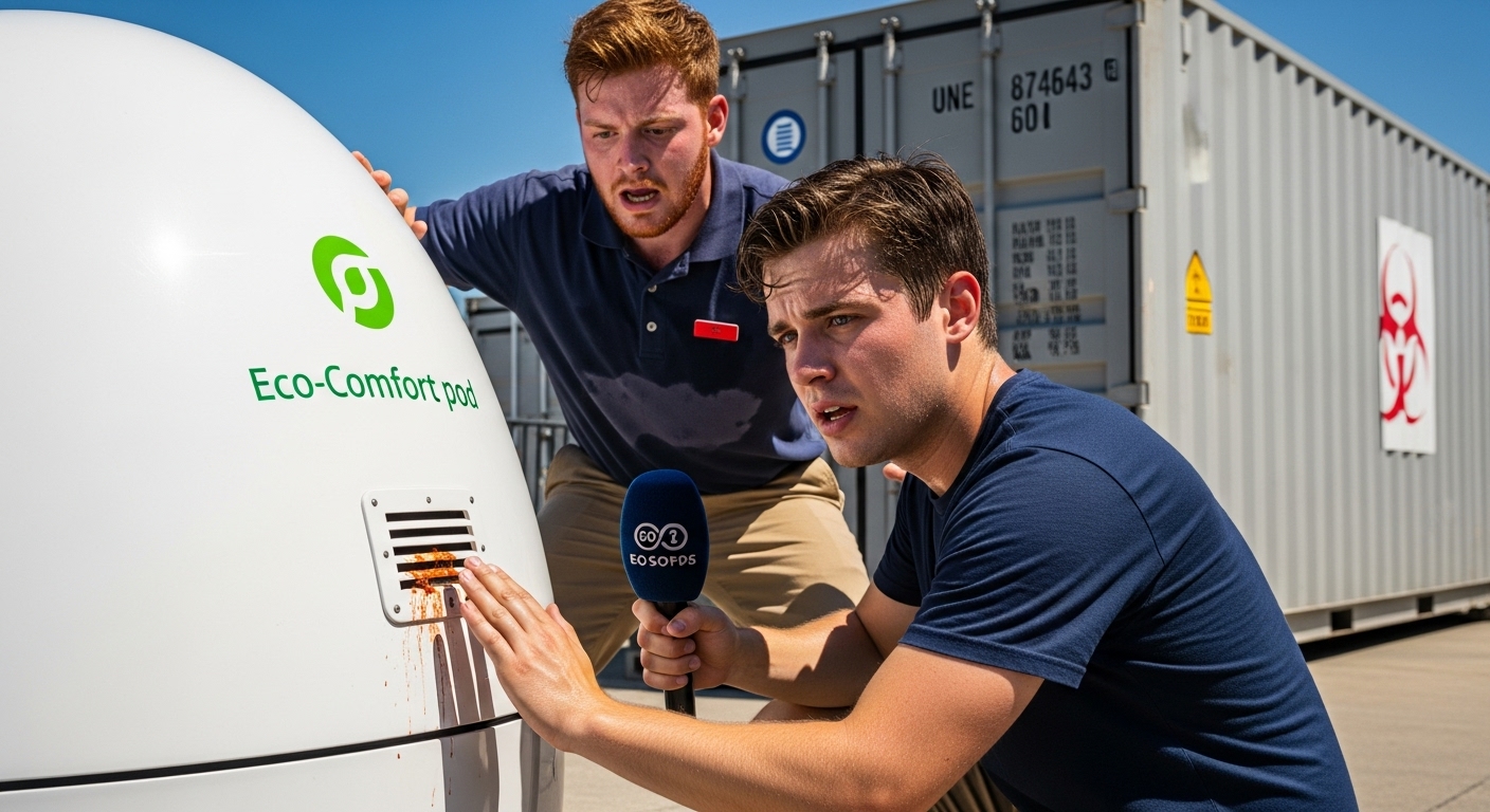A young reporter inspecting a mysterious residue on a white pod, while a panicked PR intern watches under the harsh summer sun.