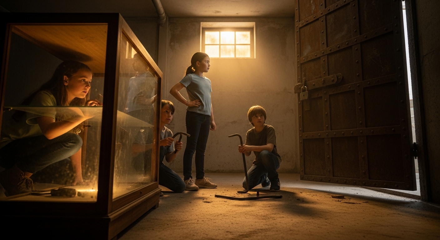 Three children, Piper, Emmett, and Lila, in a dusty basement, looking at a heavy, rusted door and a display case, illuminated by golden light.