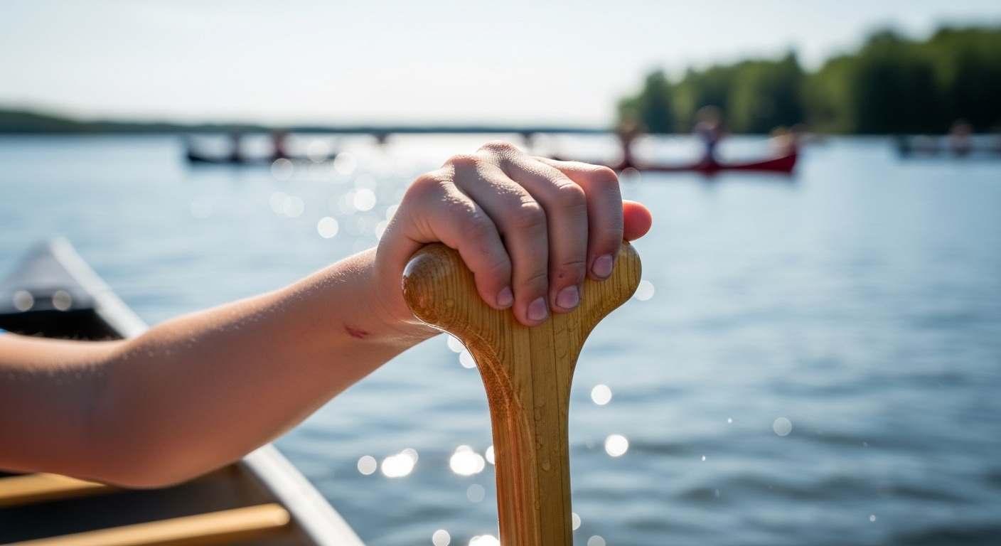 A close-up photograph of a child's hand gripping a wooden canoe paddle, showing signs of effort.