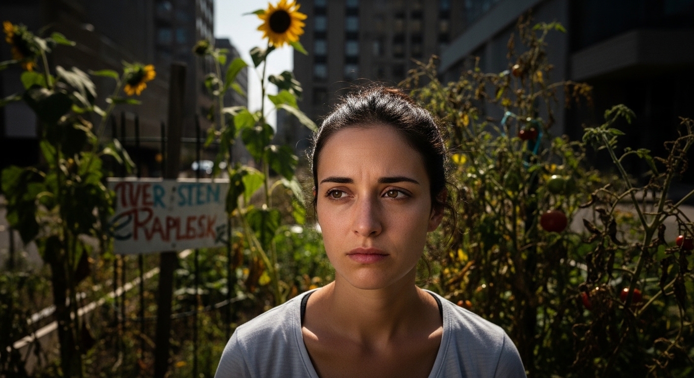 Young woman with a thoughtful expression standing in front of a wilting community garden in hot Winnipeg summer.