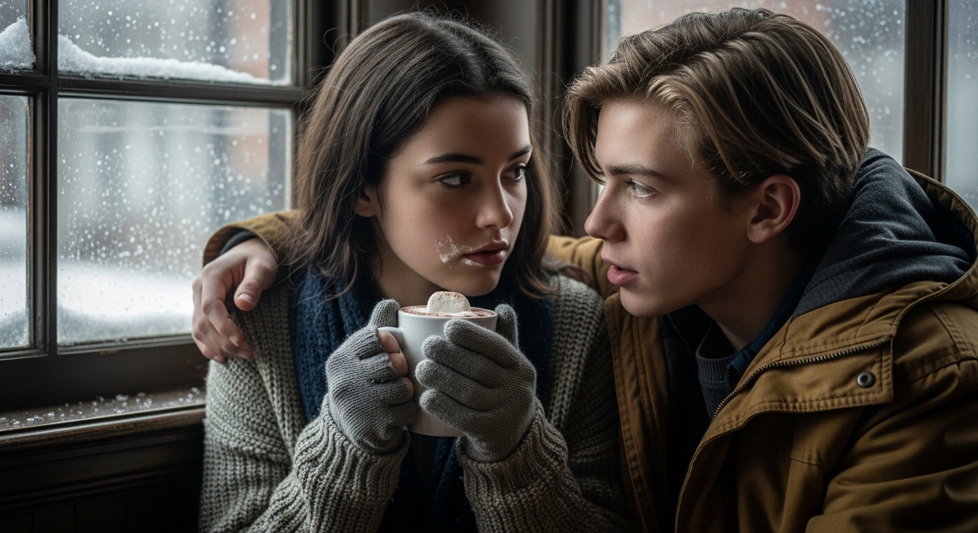 Two teenagers, Lily and Gareth, sharing hot chocolate and an intense conversation in a warm, snow-dusted café.