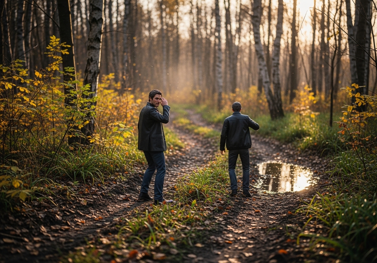 Two figures, James and Benton, stand on a crumbling forest track, looking tense. The autumn woods are muted and show signs of environmental distress, with strange leaf colors and a still, iridescent puddle.