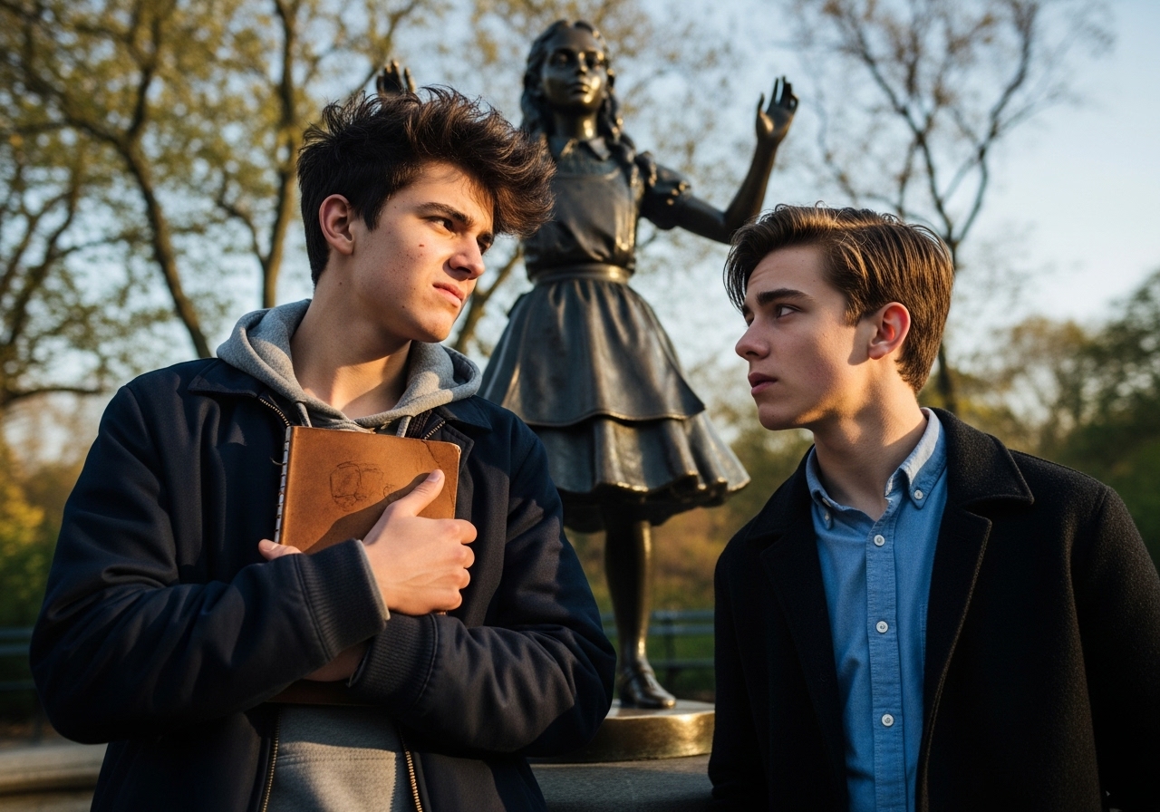 Two teenage boys stand facing each other by a large bronze statue, one clutching a sketchbook protectively.