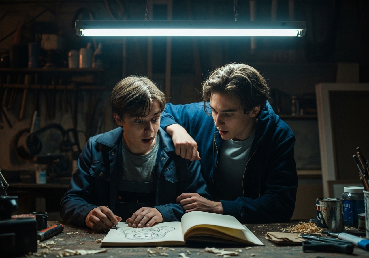 Two boys in a workshop look at each other with surprise after their arms accidentally touch.