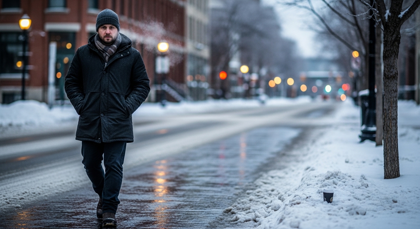 A man walks alone through a snowy, cold downtown Winnipeg street, deep in thought.