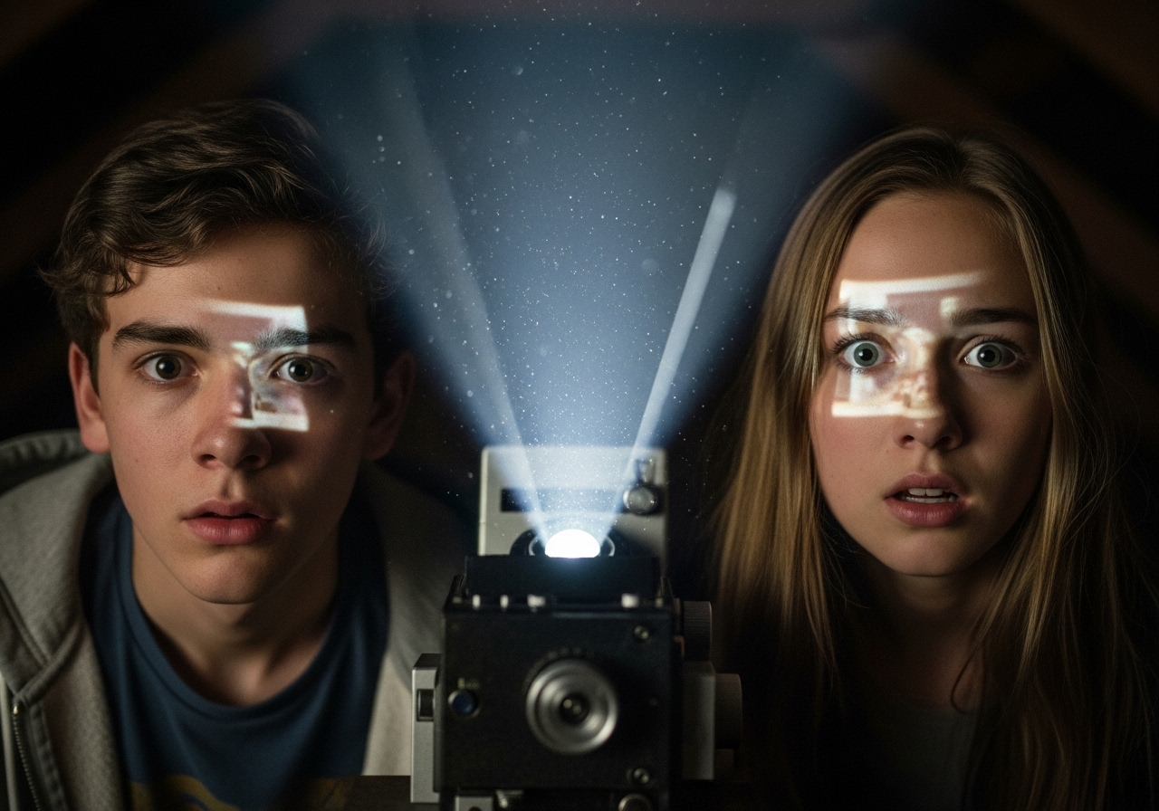 Two teenagers in a dark attic, their shocked faces lit only by the flickering light of an old film projector.