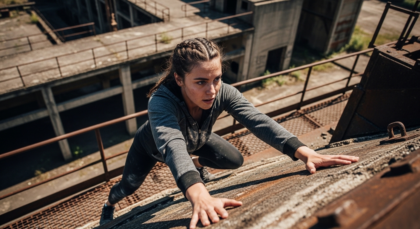 A young woman covered in dust and sweat, atop a high concrete wall in an abandoned factory, looking determined.