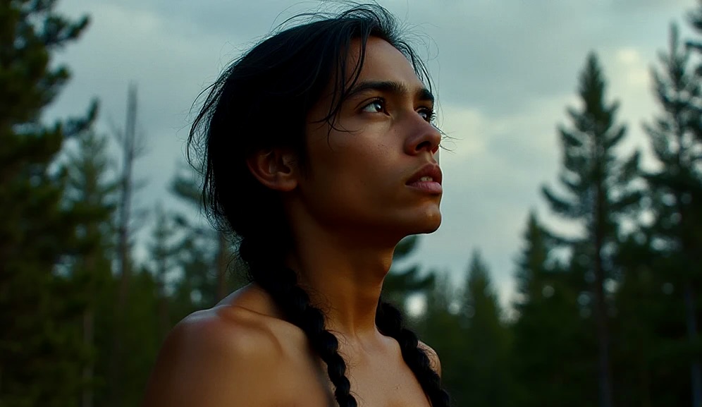 A lone teenage boy gazes in terror and awe at a colossal, dark, seamless metallic ship hovering silently over distant mountains at dawn.