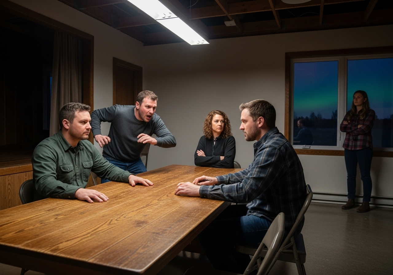 A tense community board meeting in a rustic hall at dusk, with one member revealing a shocking secret.