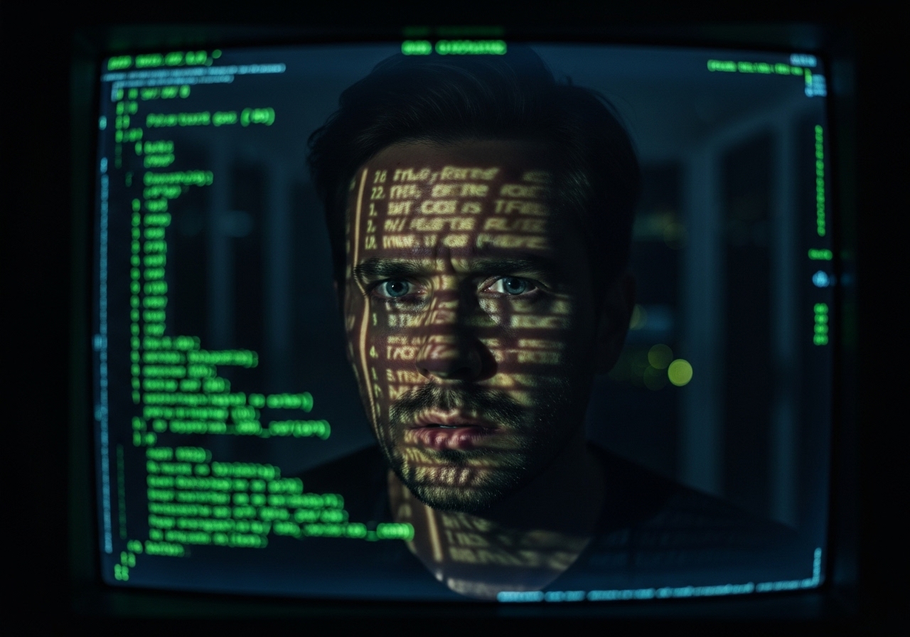 A man's face is illuminated by the green glow of a computer monitor in a dark server room.