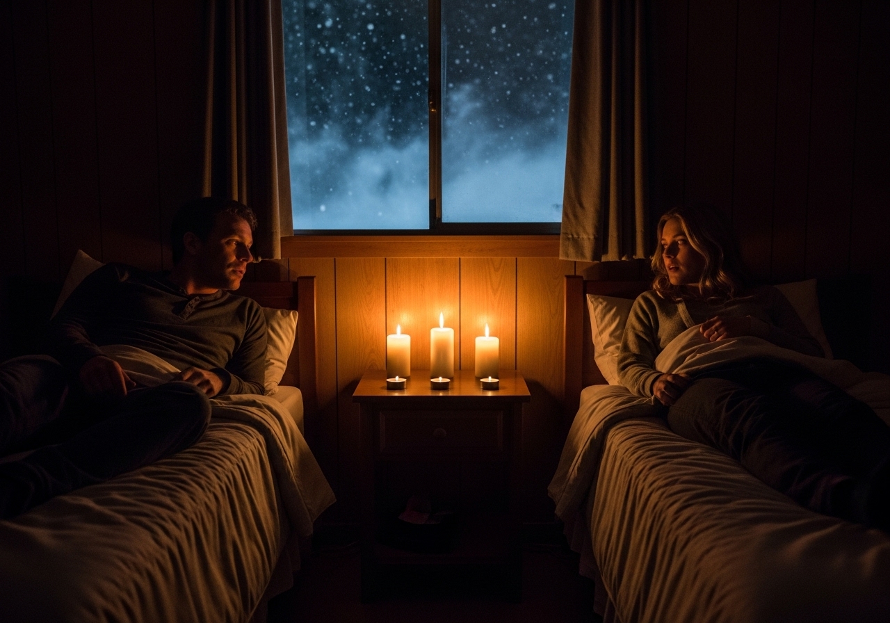 Two people talking by candlelight in a dark motel room during a blizzard.