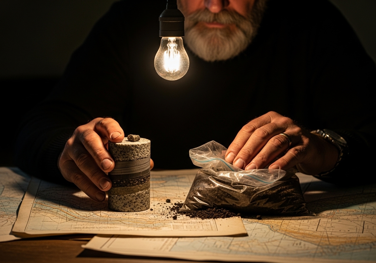The weathered hands of a man hold a rock sample and a bag of soil, resting on old geological maps in a warmly lit room.