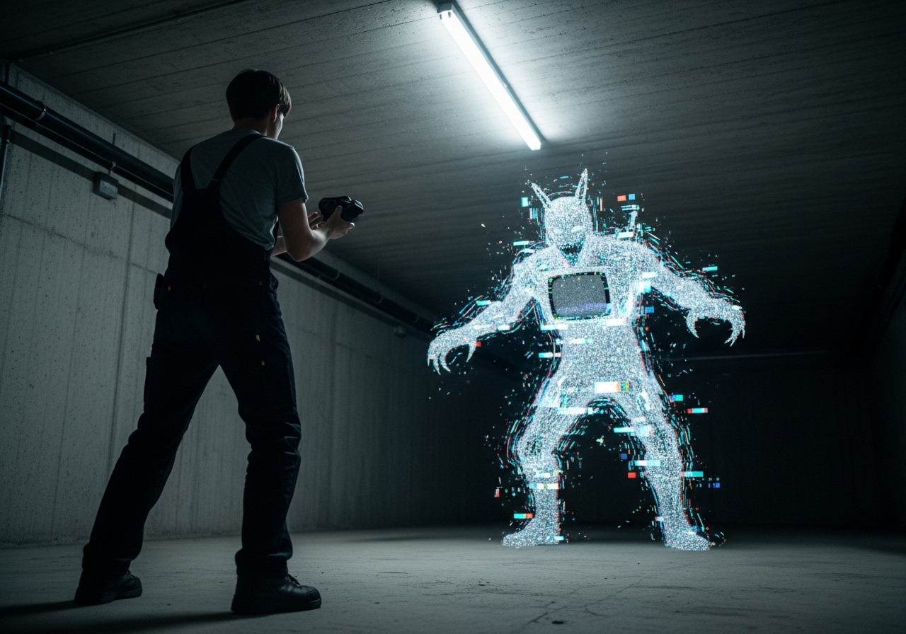 A man stands defensively in a concrete basement, facing a monster made of television static.