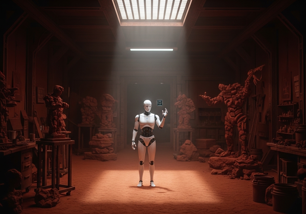 A white android stands in a dusty Martian workshop, holding a small data chip in a beam of light.