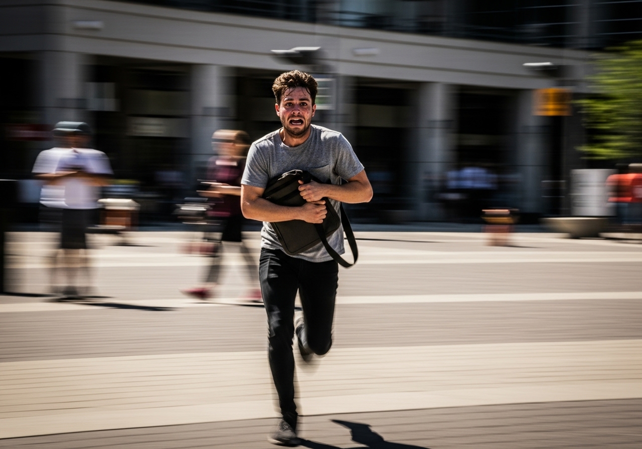 A terrified young man is running through a public space, clutching a messenger bag.