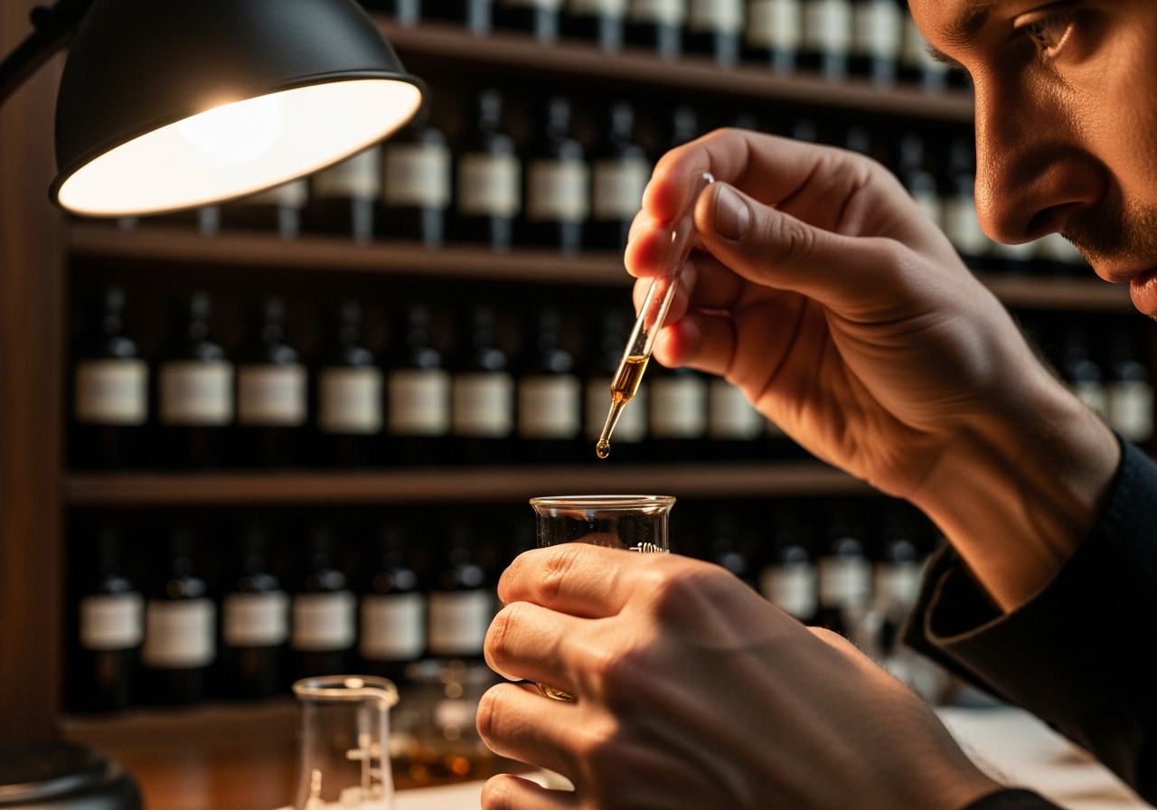 A close-up photograph of a perfumer's hands carefully mixing liquids with a glass pipette.