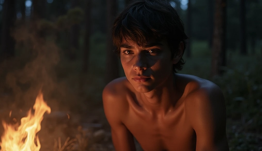 Two teenage boys, David and Tommy, sitting by a campfire at night, holding hands, their faces lit by the warm glow of the fire.