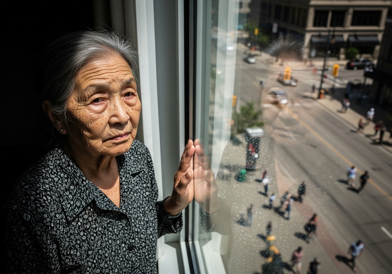 An elderly woman looks down from an apartment window at a busy, sun-baked street in Winnipeg, a dark patch on the pavement visible below.