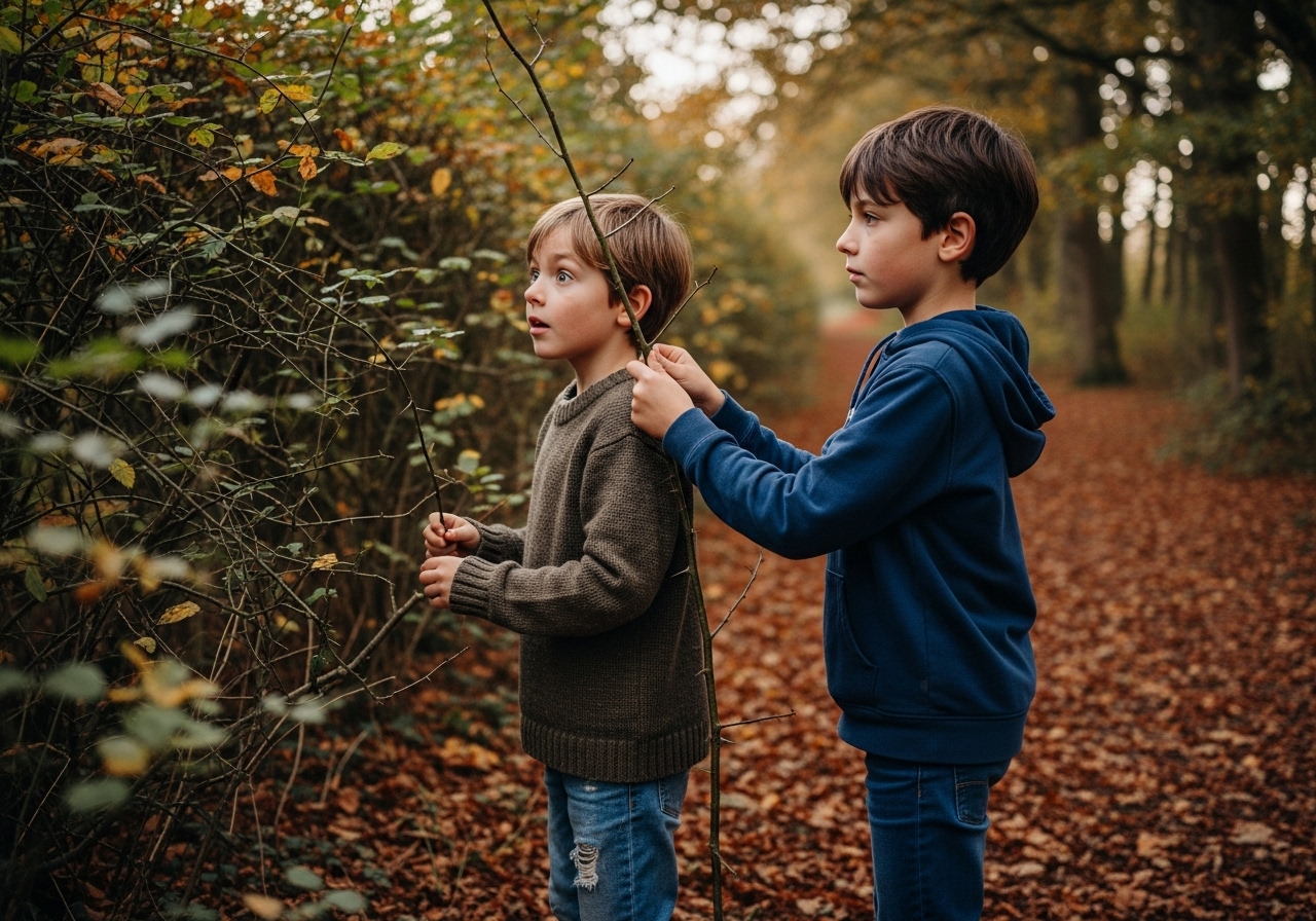 Two young boys, Toby and Oliver, looking into autumnal woods near a hawthorn hedge.