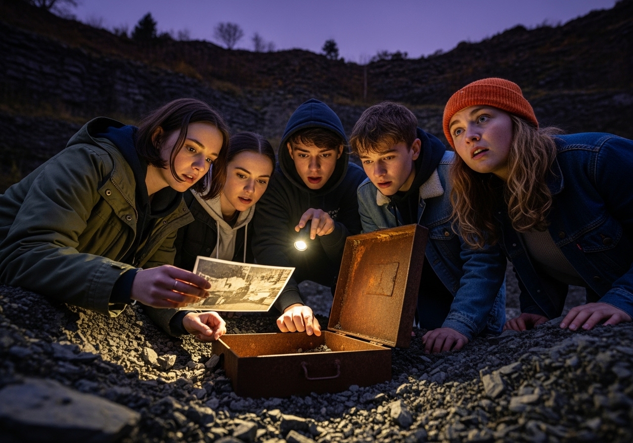 Four teenagers in a dark quarry, illuminated by a phone light, looking at a disturbing old photograph found in a rusted box.
