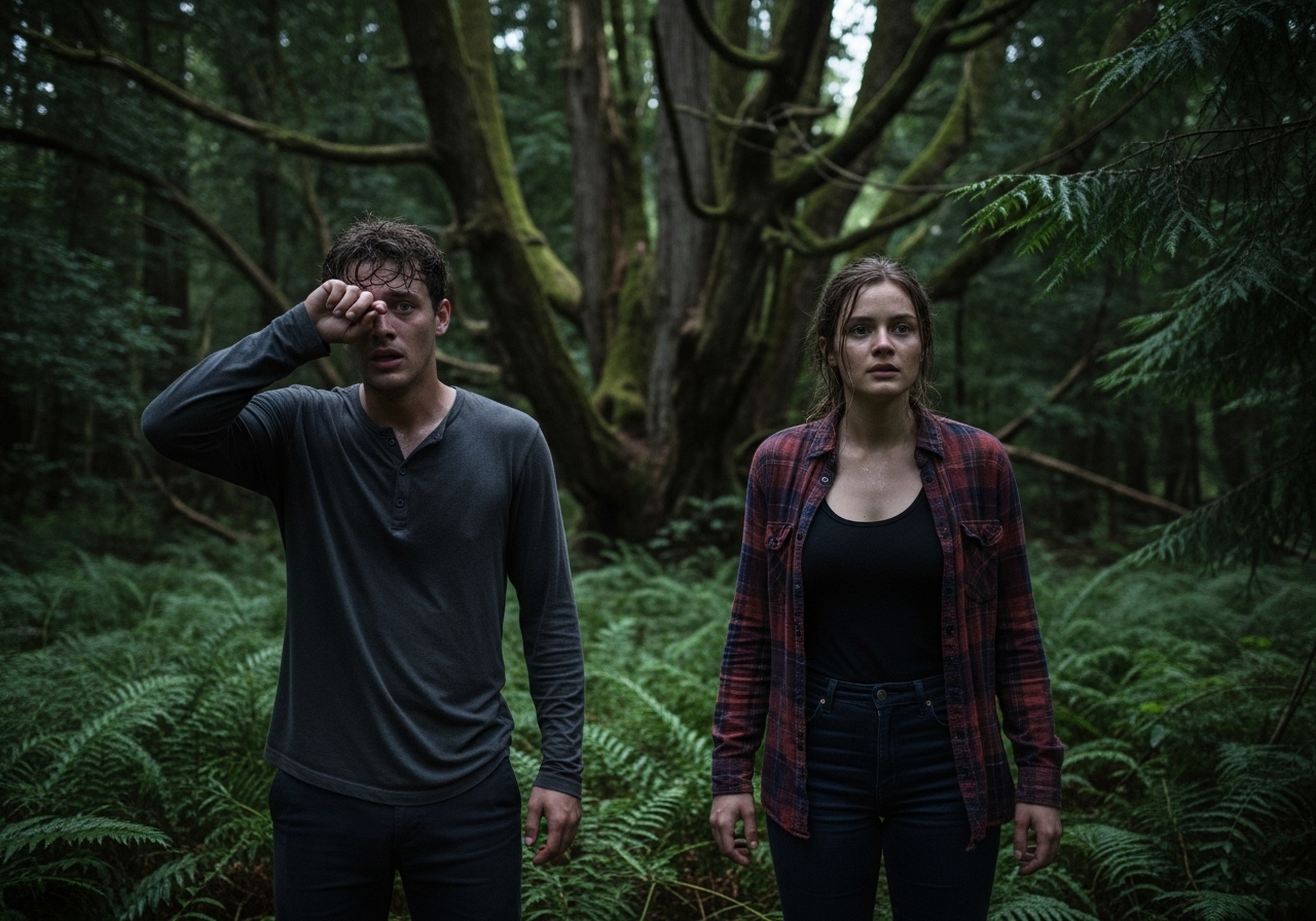 Two young adults, Joe and Tina, lost and anxious in a dark, dense, silent summer forest at twilight.