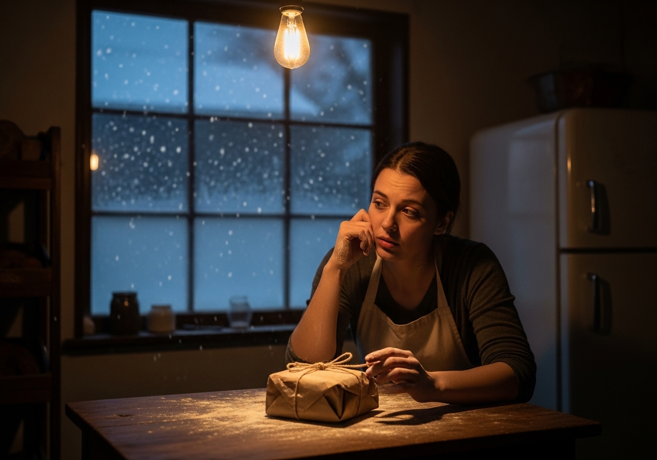 A weary young woman in a rustic bakery looking at a mysterious, hand-wrapped package during a snowy winter evening.