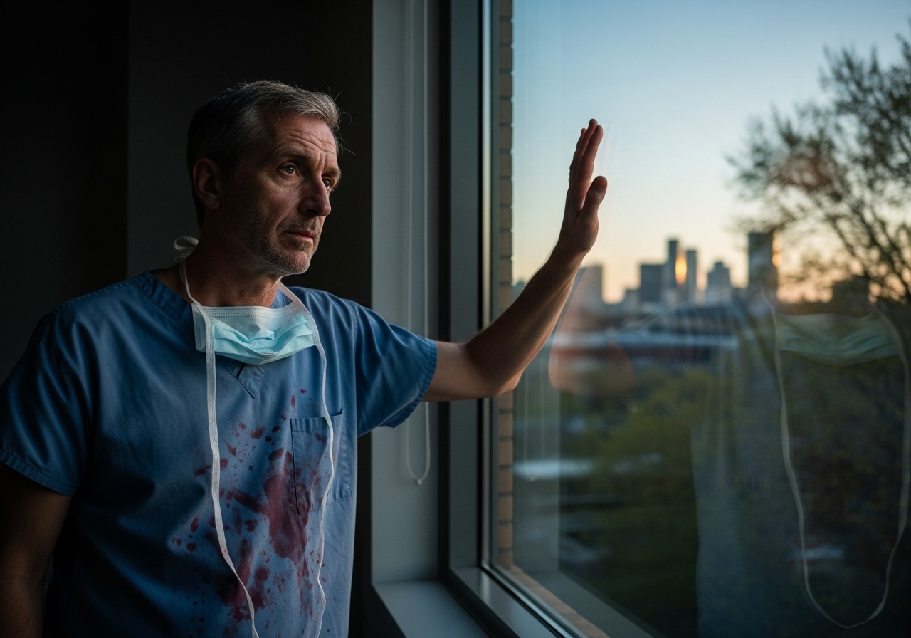 A weary, middle-aged surgeon in blood-splattered scrubs gazes out a hospital window at a city dawn.