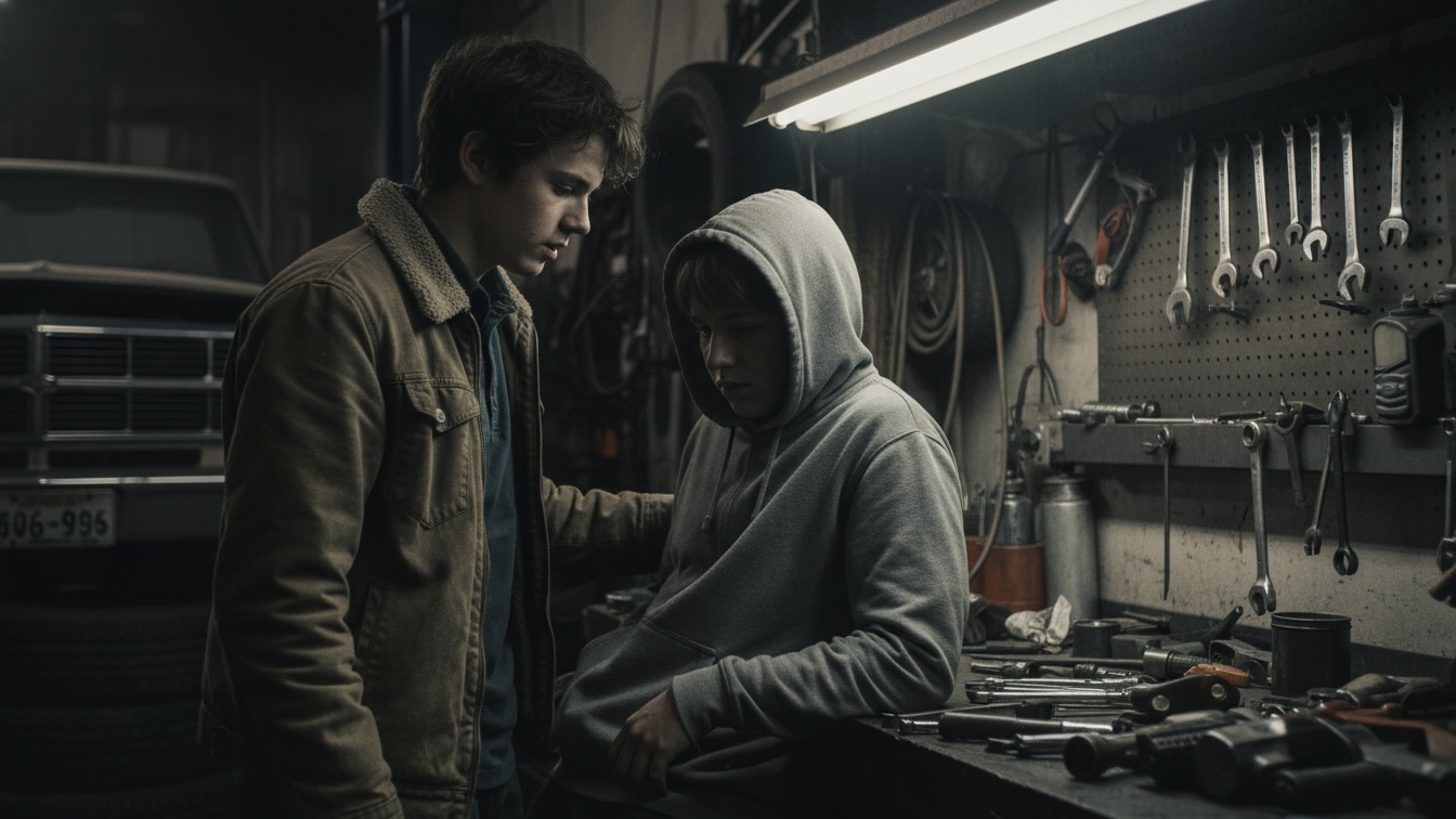 Two teenage boys standing close together in a mechanic's garage, one leaning against a workbench, in a moment of intense emotional confrontation under flickering lights.