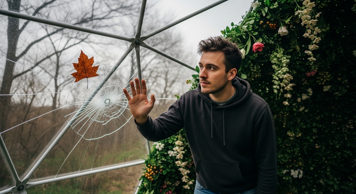 Young man pressing hand to a cracked biodome window, contrasting artificial spring inside with bleak natural exterior.