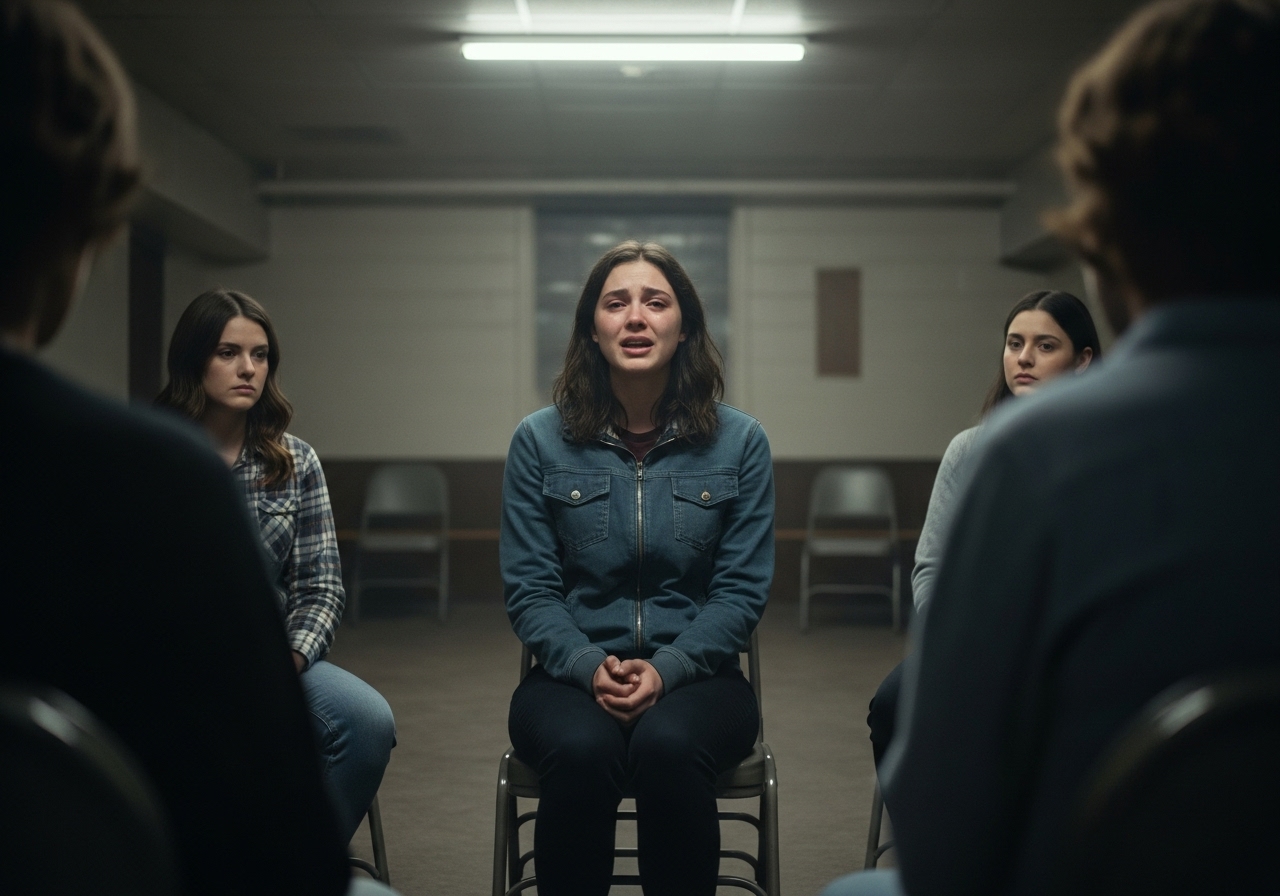A woman crying while speaking in a support group meeting in a church basement.