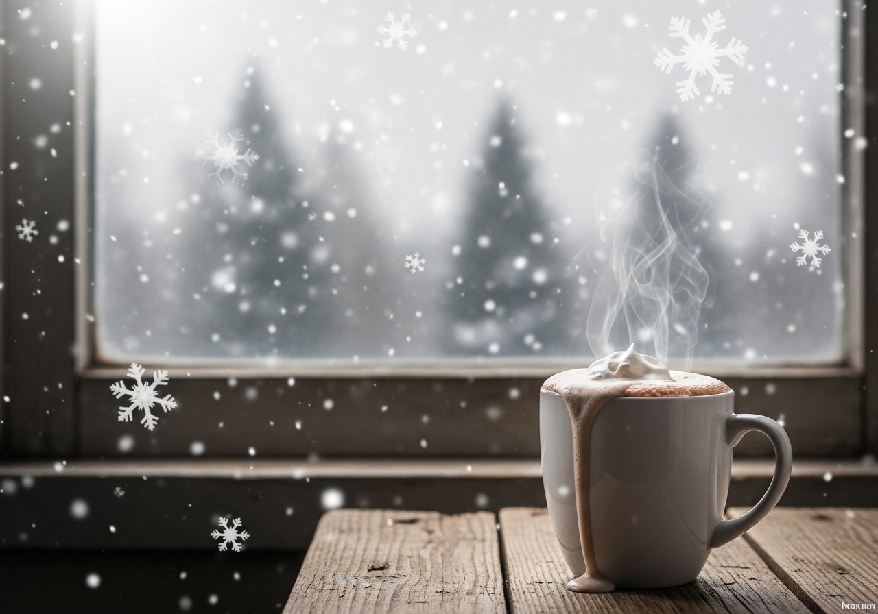 A steaming mug of hot chocolate with melting whipped cream by a snowy window.