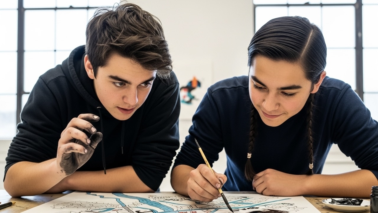 Two Métis-Cree teenage boys, Jace and Sawyer, leaning over a shared artwork in an art workshop, combining charcoal and ink.