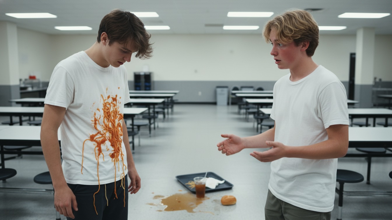 Two teenage boys in a university cafeteria, one covered in pasta sauce, the other looking apologetic beside an overturned food tray.