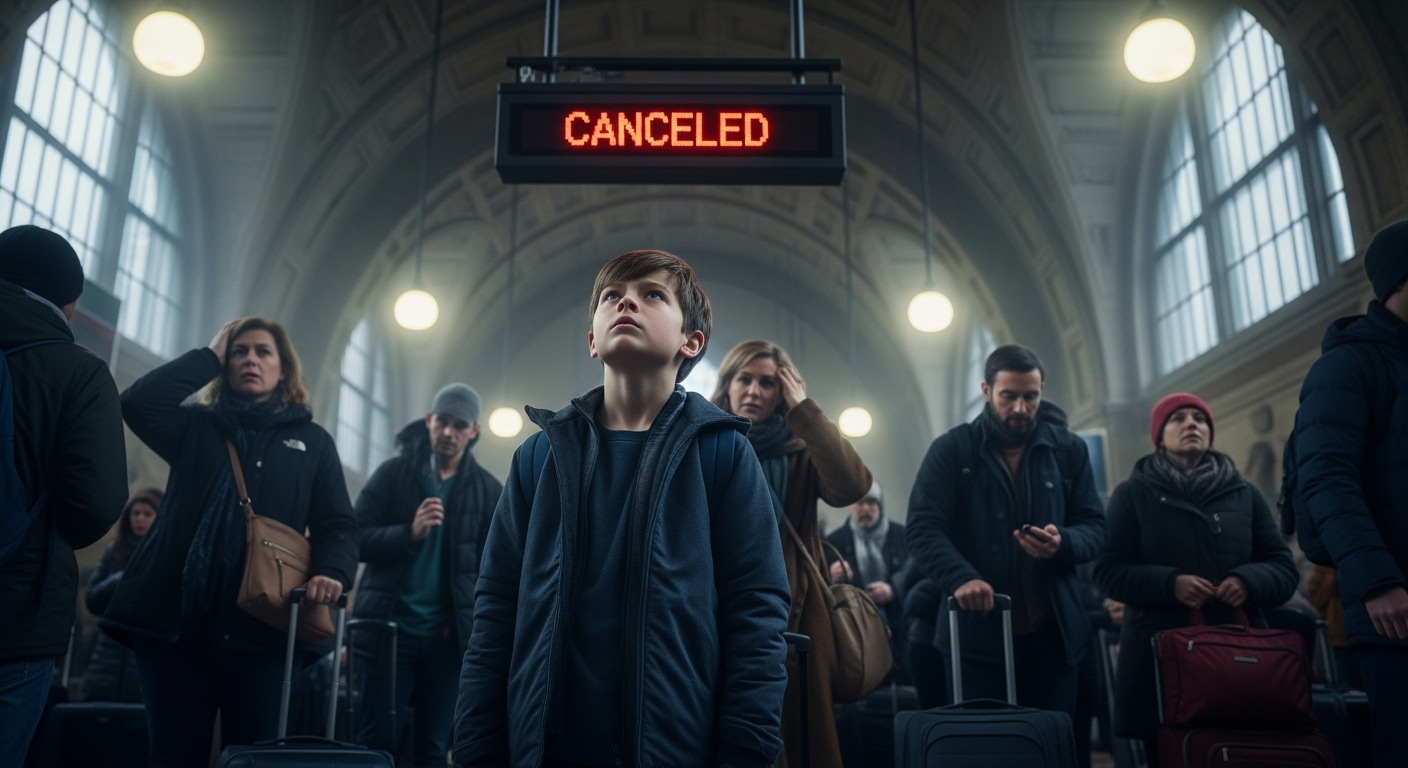 A young boy looking up at a train station departure board displaying 'CANCELLED'.
