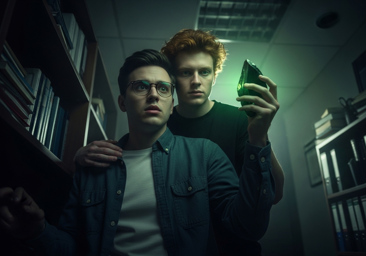 Two male grad students trapped in a dark office, one holding a glowing, cursed artifact.