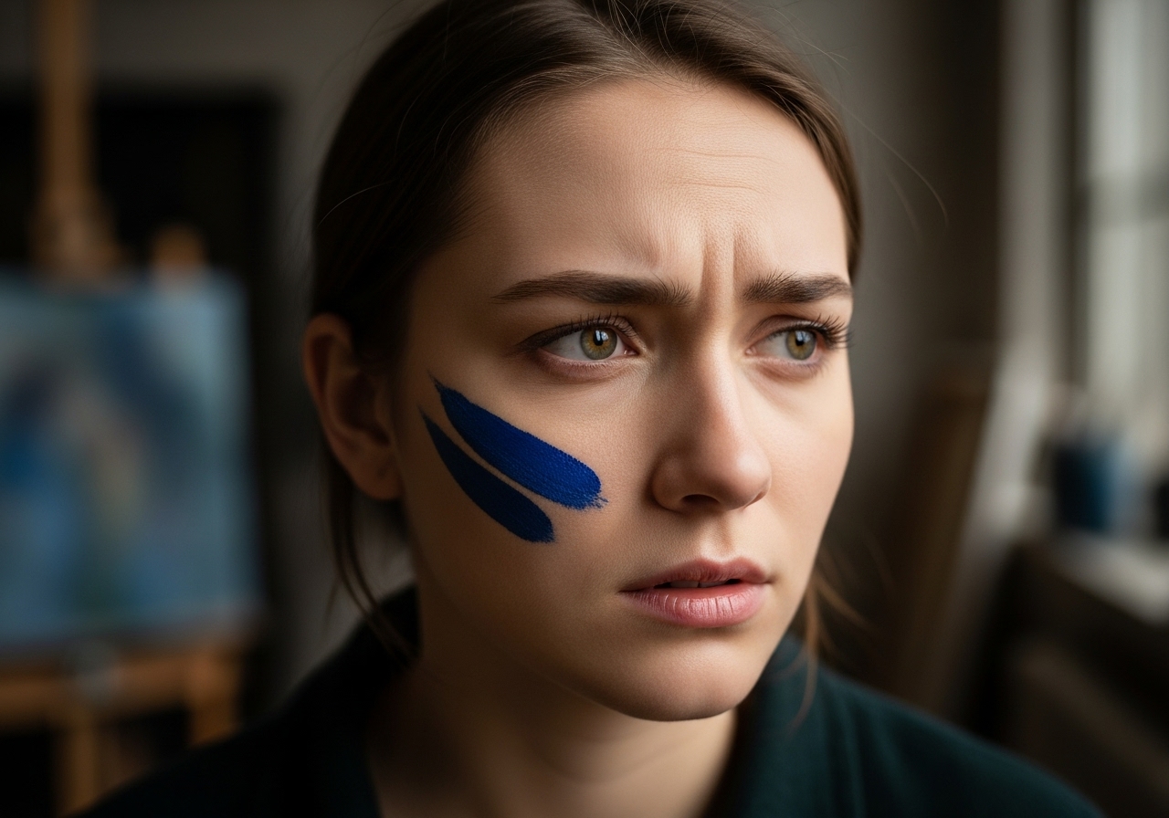 Young woman, Joanne, with a streak of blue paint on her face, deep in thought in a dimly lit art studio.