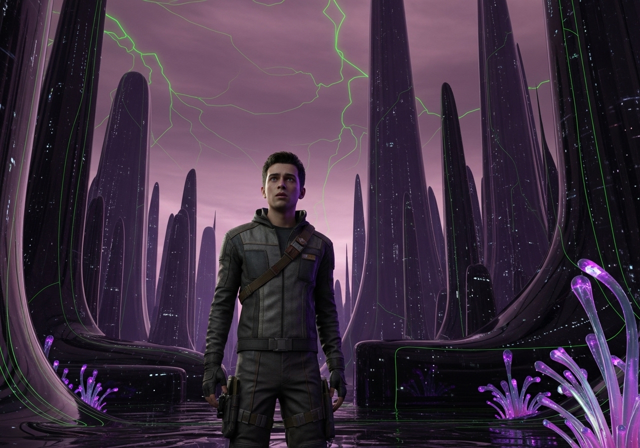 A young man, Joey, standing alone in an ominous alien city of dark, shimmering, undulating buildings under a fractured, bruised sky.